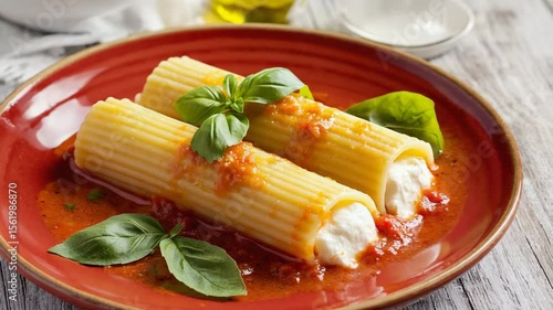 Manicotti, close-up of stuffed pasta with melted cheese, served on a red ceramic plate, rich tomato sauce and soft natural light
