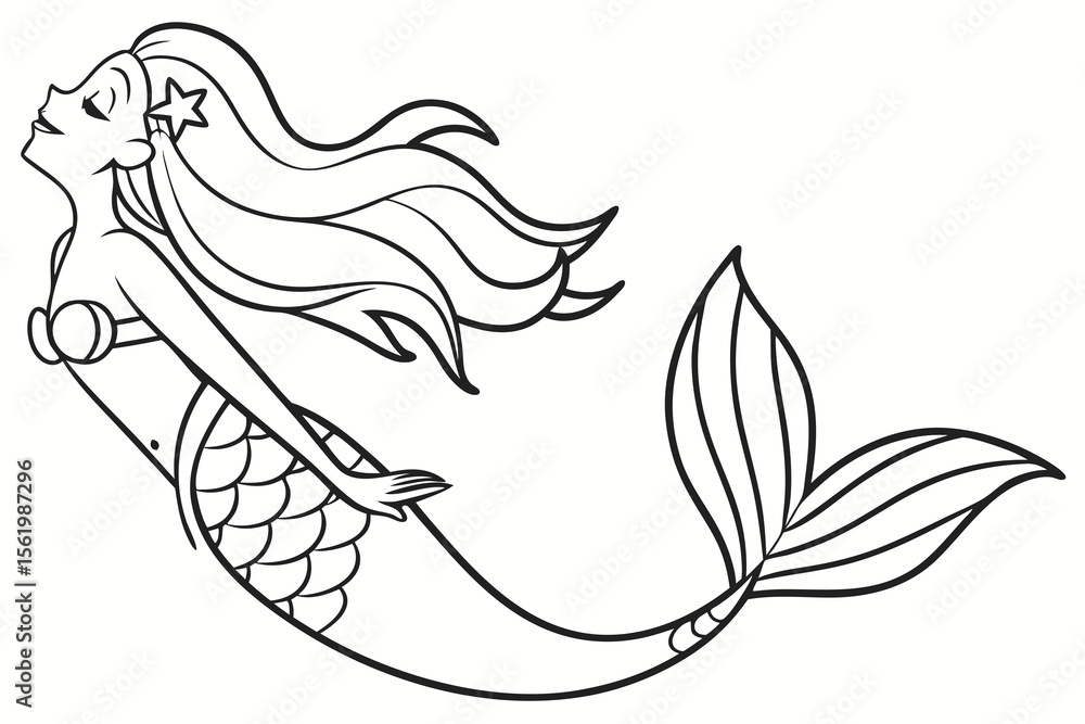 Fototapeta premium Line art of a mystical mermaid, suitable for a coloring page, simple lines, no shading, clear outlines, black and white