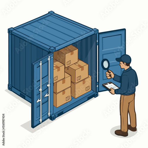 Isometric Style Man Inspecting Boxes Inside Shipping Container Illustration. white background