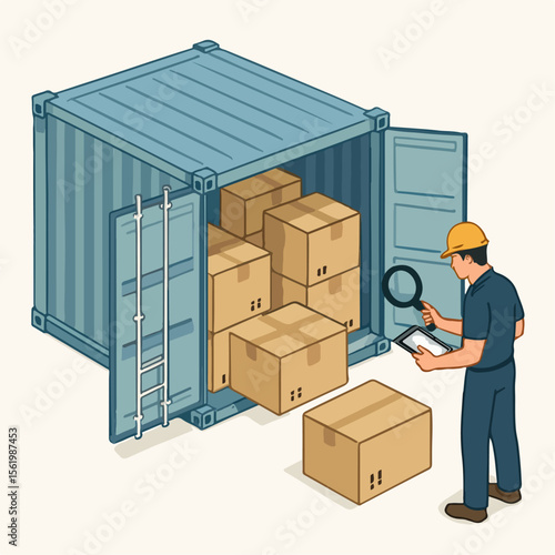 Isometric Style Man Inspecting Boxes Inside Shipping Container Illustration. white background