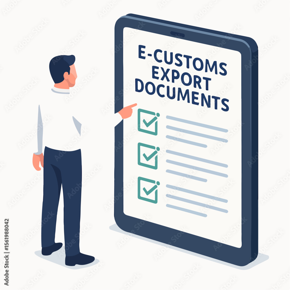 Isometric Flat Illustration Export Document on Tablet with Man Character. white background Isometric Flat Illustration Export Document on Tablet with Man Character. white background