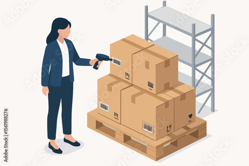 Isometric Woman Scanning Barcode on Cardboard Boxes Logistics and Distribution. white background