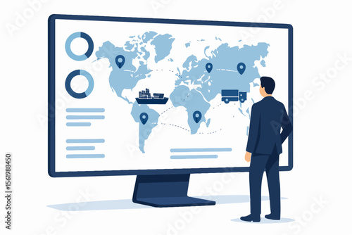 Isometric Detailed Export Import Presentation with Man Character Business Concept. white background

