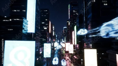 Futuristic city street at night with illuminated advertisements.