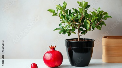 A pomegranate tree sprouts from a sleek black pot placed beside vibrant red fruit on a white background