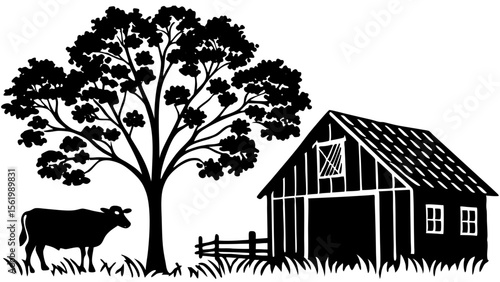 Horse and Cows Grazing in the Yard at Dusk
