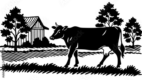 Cows Grazing in the Field Near the Barn at Dusk