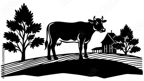 Horse Grazing by the Barn with Cows Nearby
