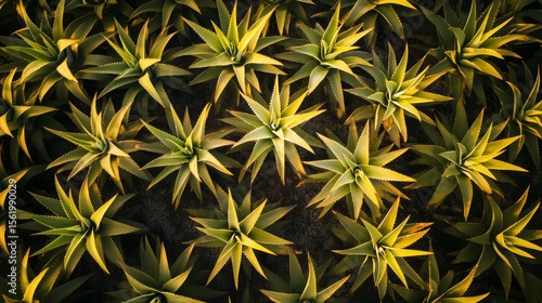 Aerial drone footage showcases vibrant aloe vera fields bathed in spring sunlight