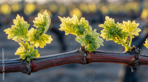 In a serene vineyard setting, a blooming grape cluster is bathed in morning light during the month of May