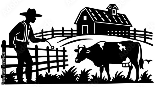 Barn with Farmer Walking by the Fence

