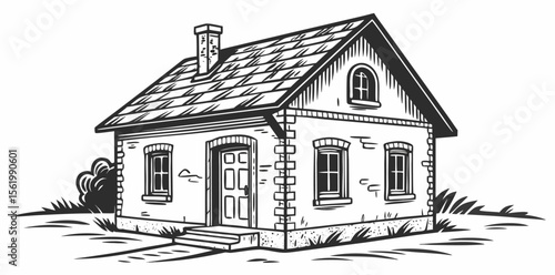Rustic Country House Sketch | Hand-Drawn Vintage Cottage Illustration