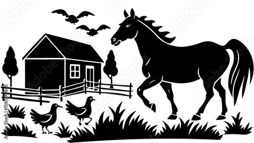 Horse Trotting by the Barn with Cows Grazing
