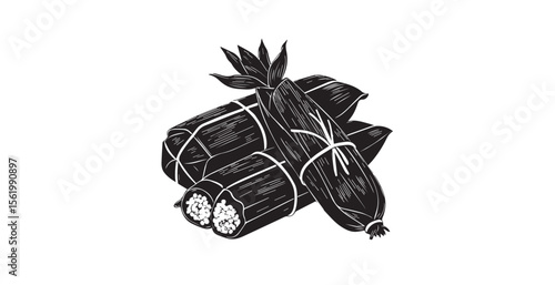 Traditional tamales wrapped in corn husks isolated on white background silhouette