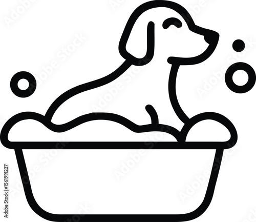 Dog in tub with bubbles outline icon for pet grooming or spa