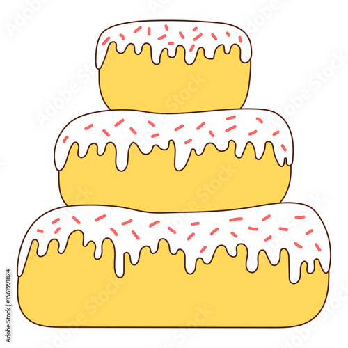 Birthday cake, sponge cake with sprinkles, frosting hand drawn illustration, isolated vector. Line drawing design. Birthday celebration, festival, carnival, party clip art, element