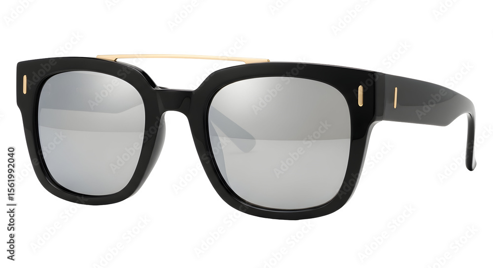 Fototapeta premium Close up of black framed sunglasses with silver mirrored lenses on a black background setting shot