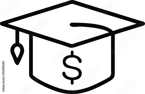 Education funding line art illustration Graduation cap combined with dollar sign for financial support