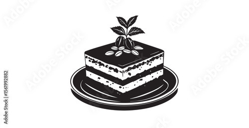 Delicious tiramisu cake slice with coffee beans and mint leaves silhouette