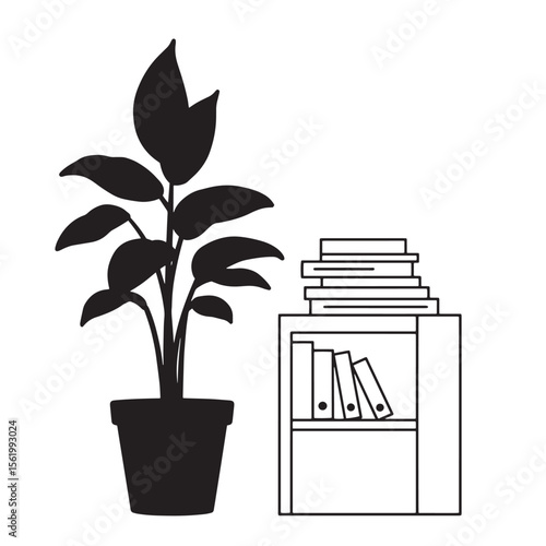 Black and white minimalist interior illustration of a plant bookshelf and a home office setting