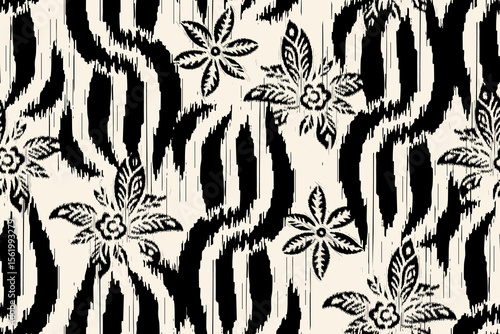 Traditional ethnic motifs ikat flora fabric pattern. Ikat embroidery Ethnic oriental background. Stripes seamless pattern.llustration for greeting cards, printing and other design project.