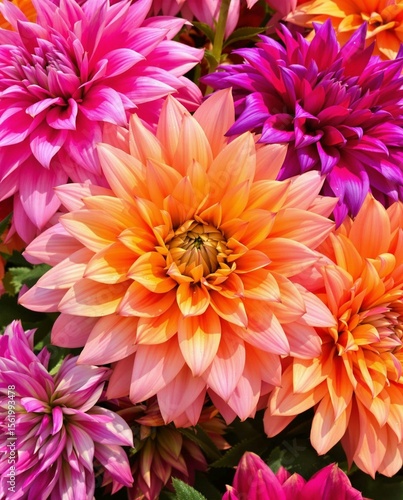 Bright and colorful dahlia flowers in orange, pink, and purple hues, showcasing intricate petal details and lush green leaves.