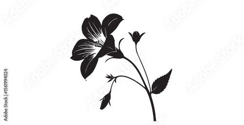 Elegant black and white flower silhouette with buds and leaves