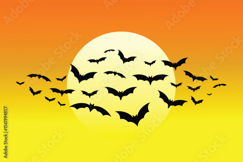 Flying Bats Silhouette at Sunset. Vector of bats flying in front of a sunset with orange and yellow background.