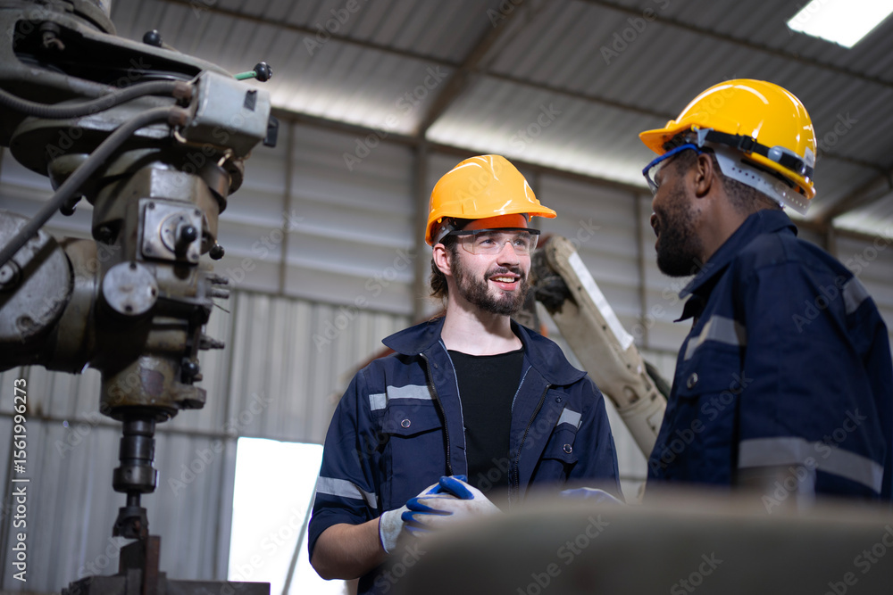Blue collar workers at machine shop with welding robot arm. Blue collar workers at machine shop with welding robot arm.