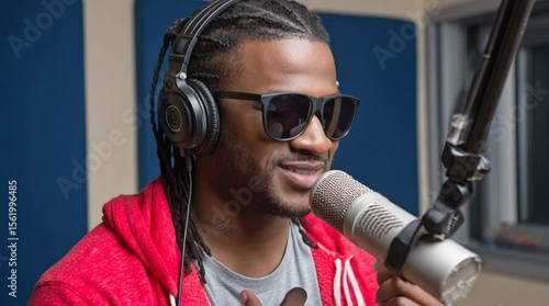 Hip-hop rapper MC lyricist spits freestyle bars in the vocal recording booth during a live radio broadcast