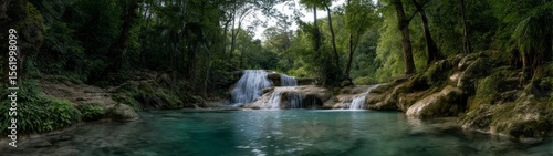 Lush waterfall adventure tropical forest hdr 360 degrees hdri view