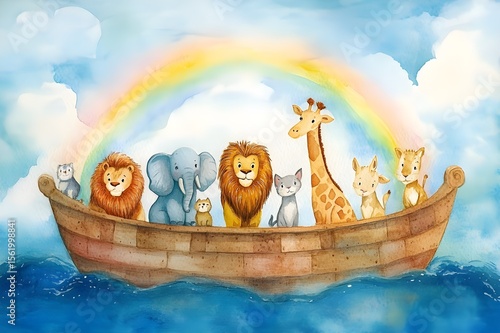 Watercolor painting of noah's ark with lion, giraffe, elephant, zebra, dove, goat and cat, with rainbow behind the boat, clouds and sunlight in the sky, blue water	
