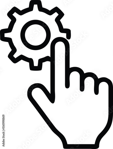 Hand touching gear outline icon for application settings adjustments and configuration