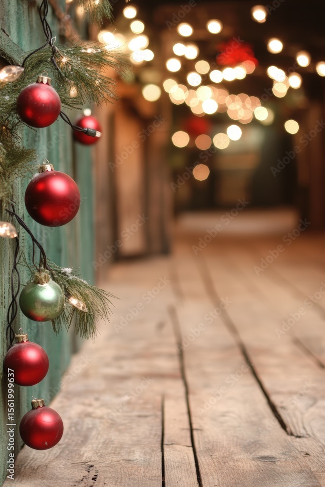 A festive scene featuring red and green ornaments draped with greenery, creating a warm, inviting atmosphere with blurred fairy lights in the background A festive scene featuring red and green ornaments draped with greenery, creating a warm, inviting atmosphere with blurred fairy lights in the background