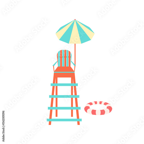 Lifeguard chair vector illustration. Colorful bright high beach life guard chair with striped parasol and swimming ring isolated on white background. Sea, pool swimming safety observation equipment