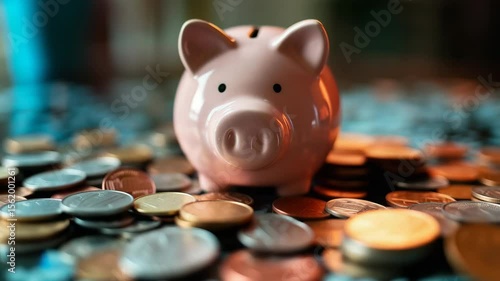 Piggy bank surrounded by coins symbolizing saving money and financial planning