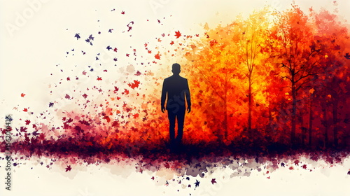 Abstract black silhouette of a person standing amidst vibrant fall foliage in a serene outdoor setting, symbolizing disappearance or integration into the environment