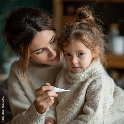 Mother checks her child's temperature at home during a cozy winter afternoon, expressing care and concern for her wellbeing