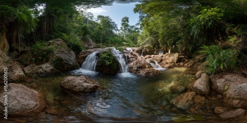 360 degrees hdr waterfall adventure in lush nature hdri environment