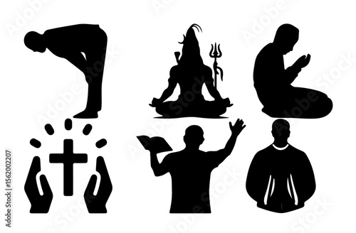 Silhouettes of People in Various Religious Prayers and Poses