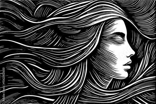 Single‑line abstract female portrait blending fashion elegance with modern minimalism, excellent for cosmetics packaging, gallery posters, blog headers and tattoo concepts, a black and white line art