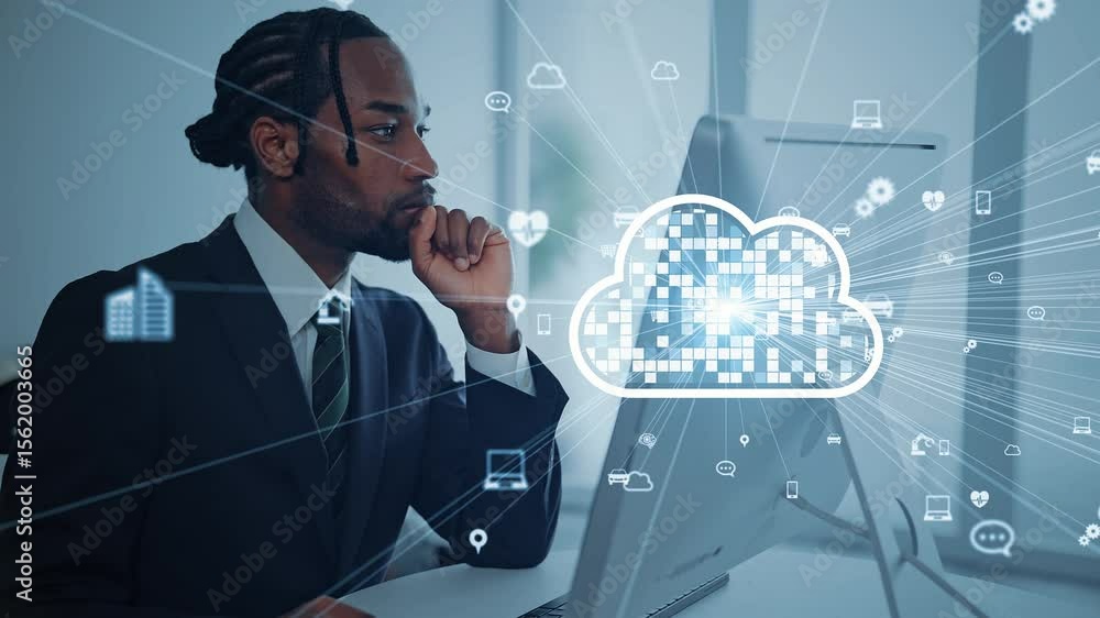 Black man working on a computer and cloud computing concept