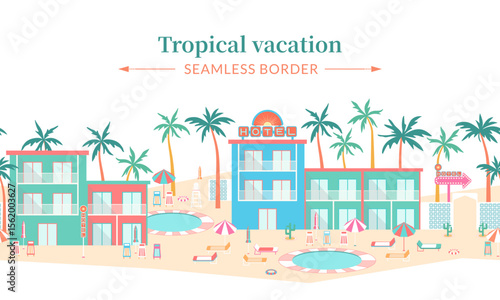 Tropical hotel vector seamless border. Poolside resort landscape frame template with colorful hotel buildings, palm trees, sun loungers, parasols on beach sand background in mid-century modern style