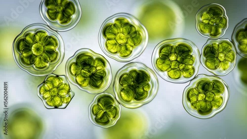 Luminous close up of green algae colonies with detailed microscopic cellular structure and vibrant natural aquatic biology patterns under microscope