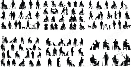 Various collections of elderly and disabled silhouettes, wheelchair users, guide dogs and more