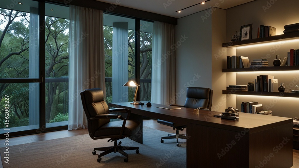 Fototapeta premium Contemporary home office with sleek furniture and ample lighting