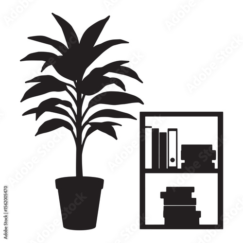 Silhouette of a potted plant with leaves and a bookcase vector graphic on a white background
