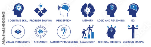 Cognitive Skills icon set with attention, memory, logic and reasoning, auditory processing, visual processing icon vector illustration