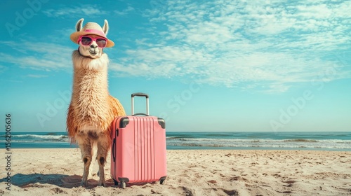 A llama on the beach with a pink suitcase.
