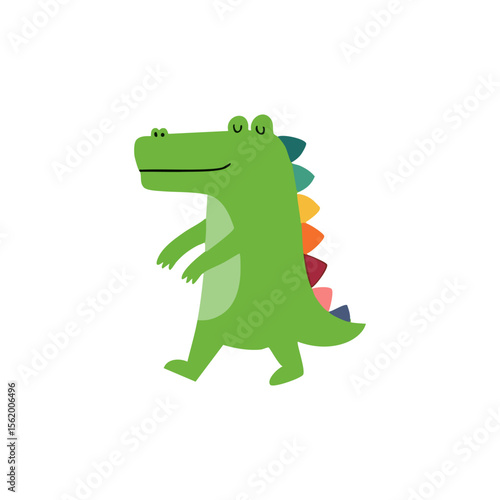 Cute, cartoonish crocodile with a rainbow-colored spiked tail